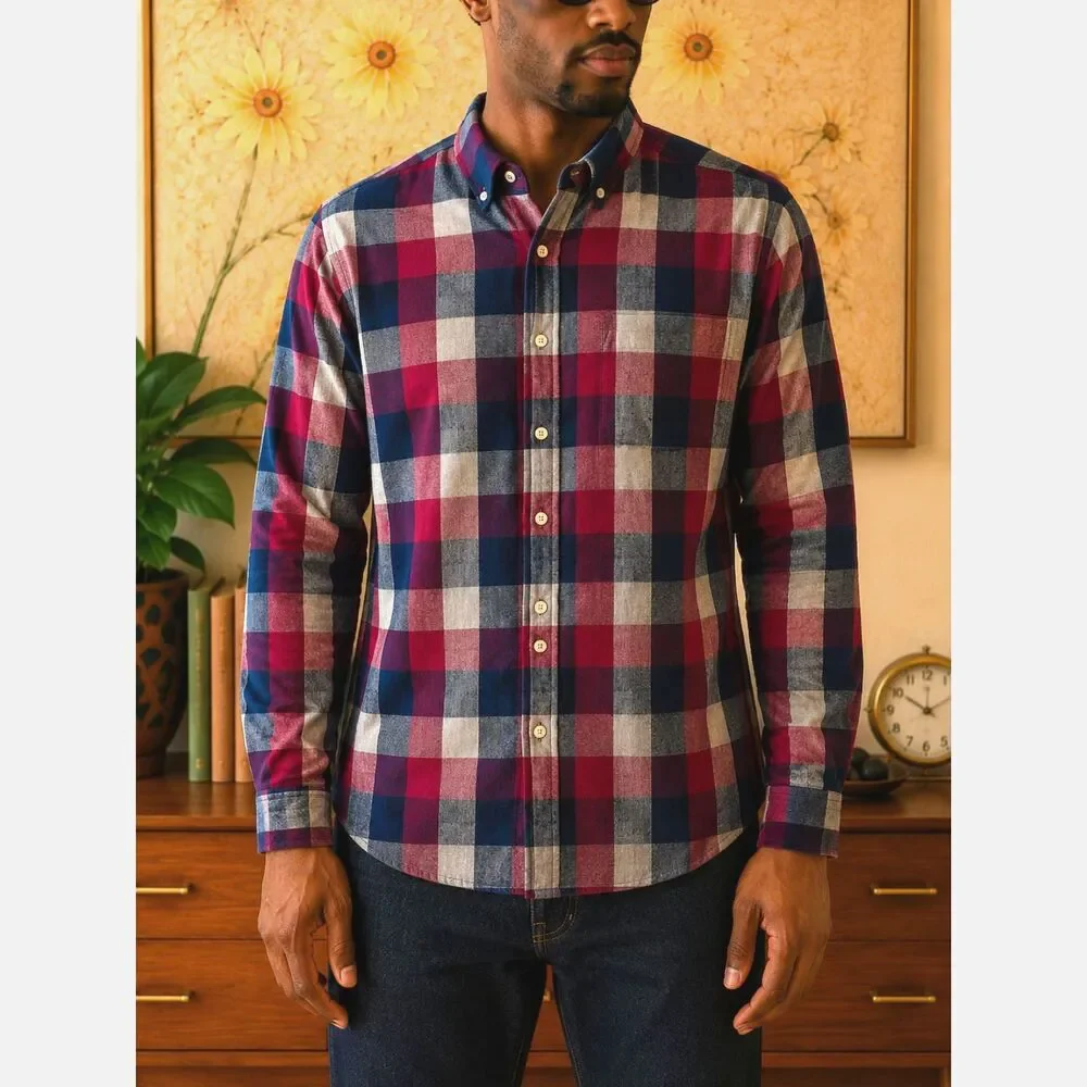 J Crew Mens Slim Flannel Plaid Shirt Size M Burgundy Navy Preppy Fall
